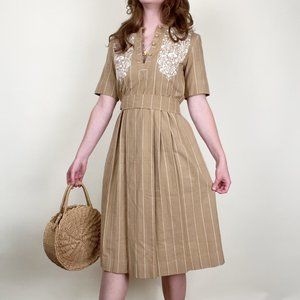 Vintage Embroidered Pleated Midi Dress Button Up Quiet Understated Luxury Preppy